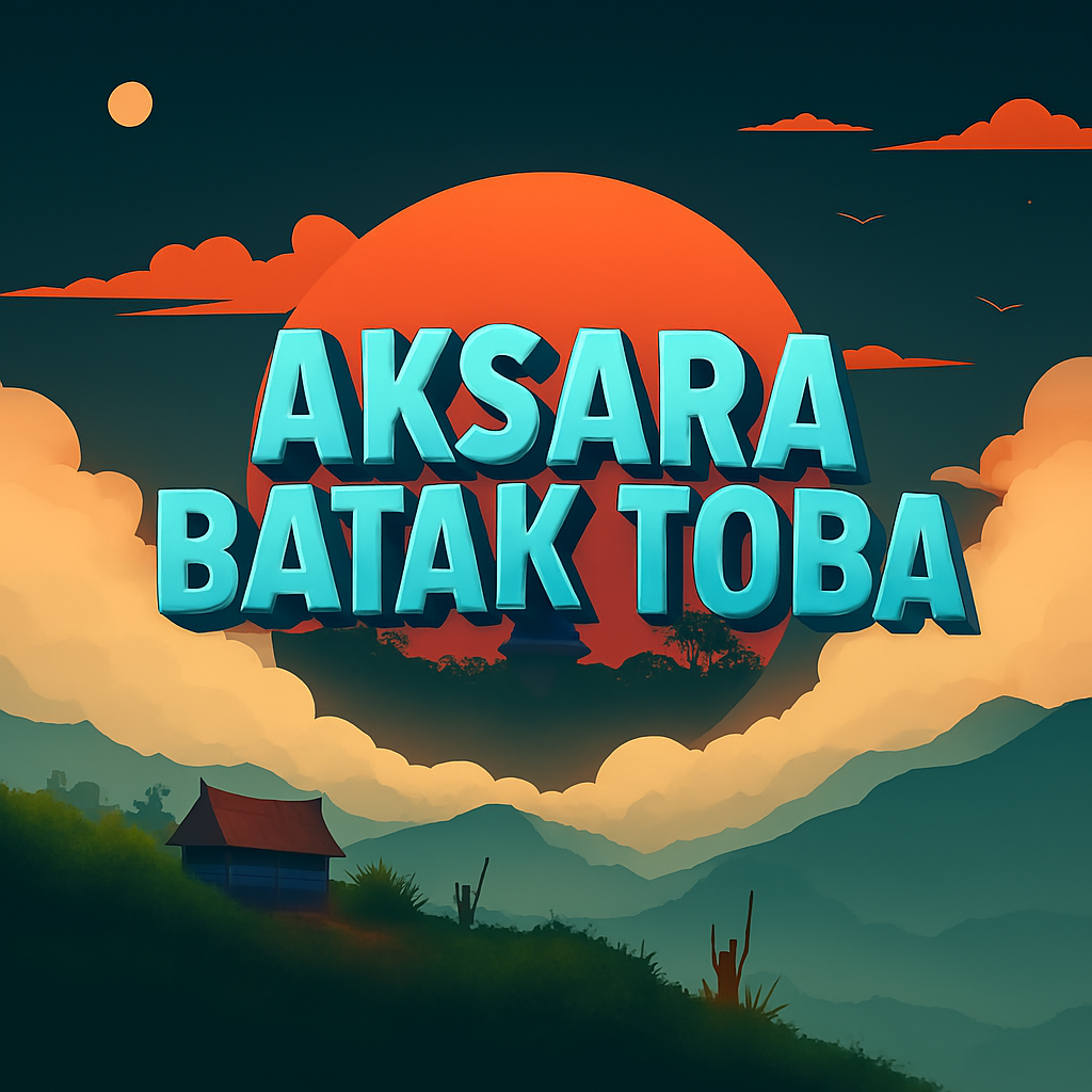 Ilustrasi modern transformasi teks Indonesia ke Aksara Batak dengan latar peta Sumatra Utara